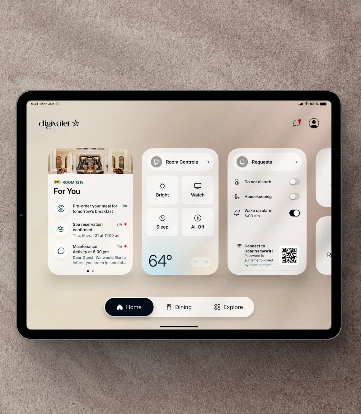 DigiValet in-room hotel tablet app in a light theme, with room controls, requests and Wi-Fi details.