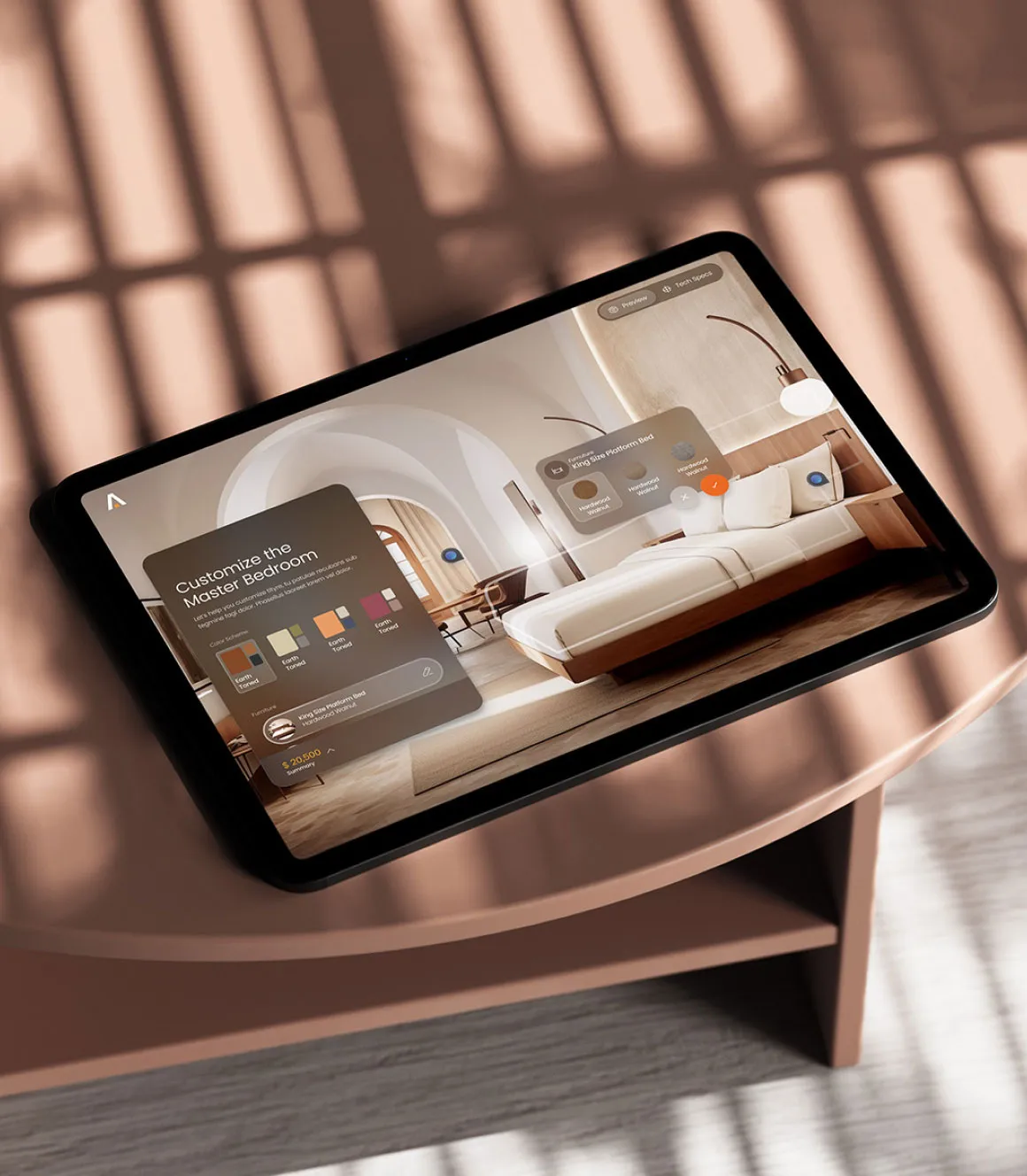 Home customization web and tablet app, choosing color schemes and furniture types for a master bedroom.