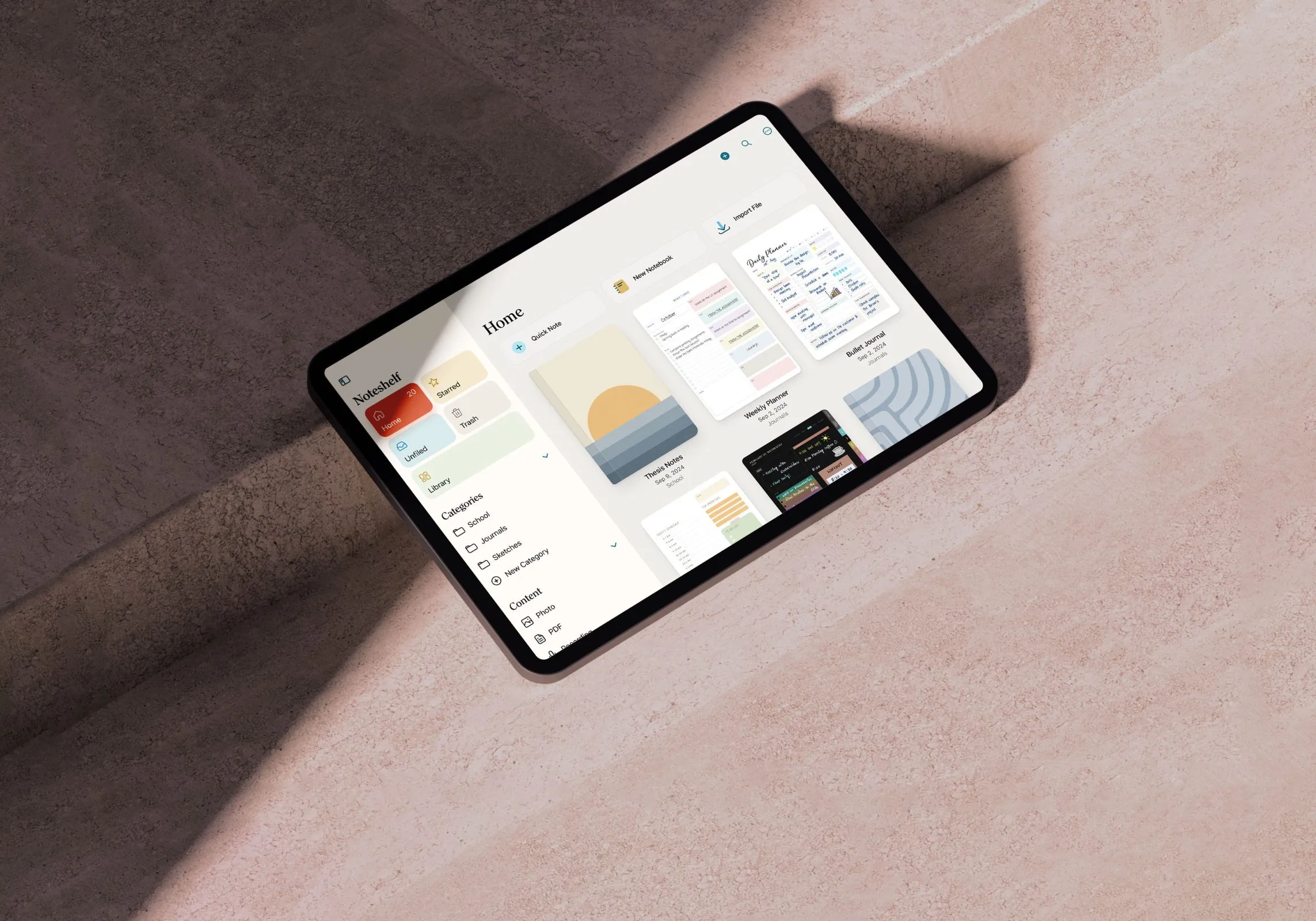 Noteshelf, an award-winning digital note-taking and handwriting app on iPad, with notebooks, planners and journals organized by category. Founding designer. App creator. Side project.