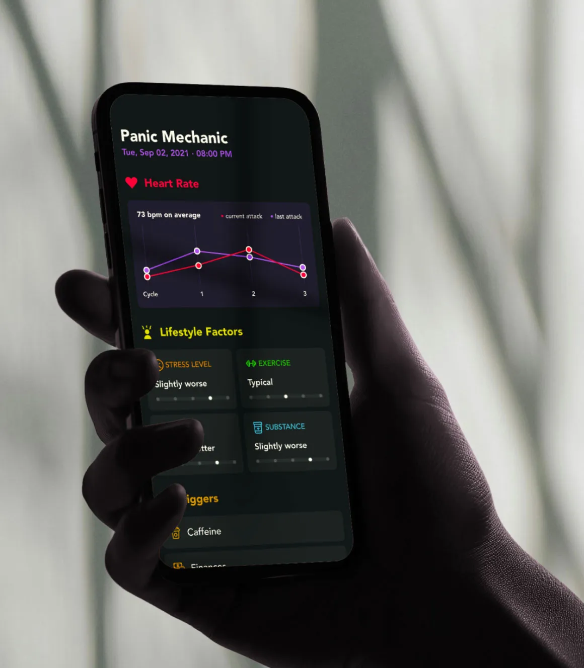 Panic Mechanic app tracking heart rate, lifestyle factors and triggers during a panic attack.